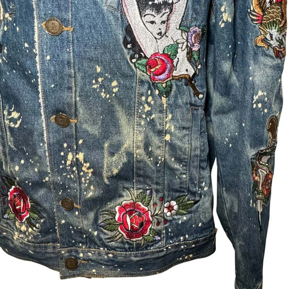 Reason Denim Sherpa Trucker Jacket Death Before Dishonor Embroidered Tattoo sz L